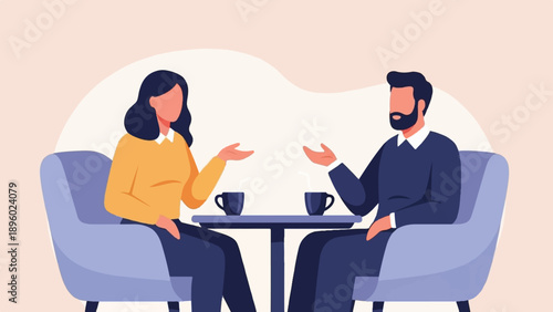 Two people conversing over coffee at a table, seated in chairs