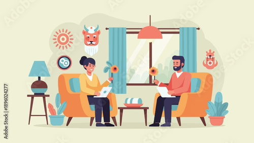 Two people in a room with decorative items, sitting on chairs and holding flowers