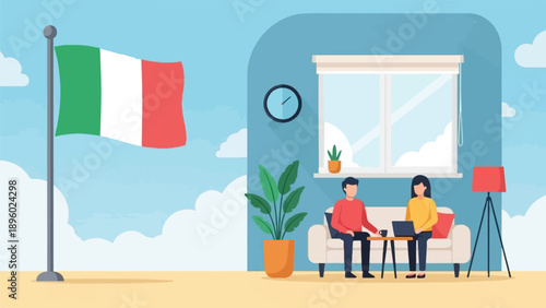 Two people in a room with Italian flag flying outside