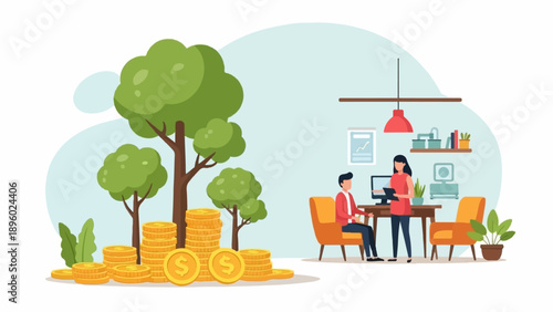 Two people discuss finances beside stacks of gold coins and trees