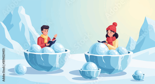 Two people in winter clothing sit in ice bowls filled with snowballs reading books