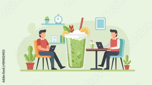 Two people in an office setting, working on laptops near a large green smoothie