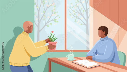 Two people indoors, one giving a potted plant to another