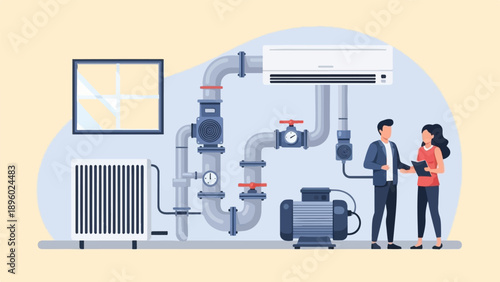 Two people discuss plumbing, air conditioning, and machinery