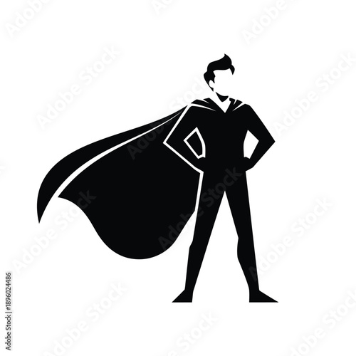 A black silhouette of a man wearing a superhero cape standing confidently