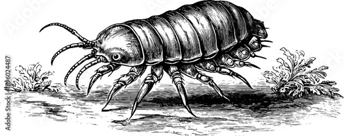 Vintage trilobite fossil engraving with botanical elements from the 19th century