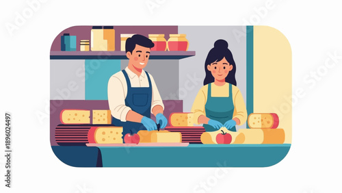 Two people in aprons working with cheese and apples
