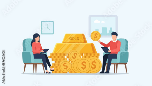 Two people discussing a stack of gold bars and coins in a room