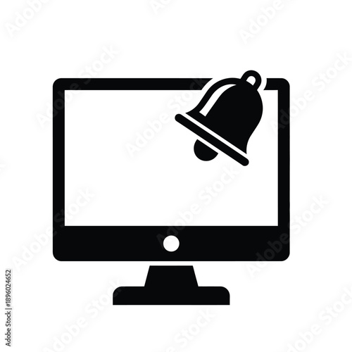 A black icon of a computer monitor with a notification bell on the screen