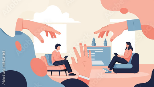 Two people interact with tablets in a room as giant hands reach into the scene