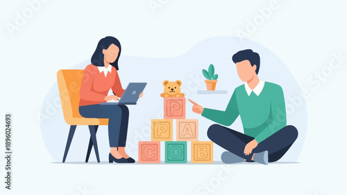 Two people interact with toy blocks and a laptop in a playful setting