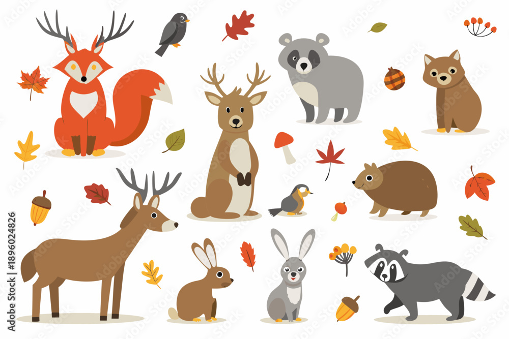 Obraz premium Autumn forest animals and falling leaves in a cute illustration