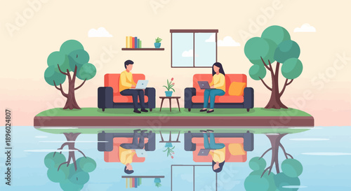 Two people on sofas with laptops, reflected in water