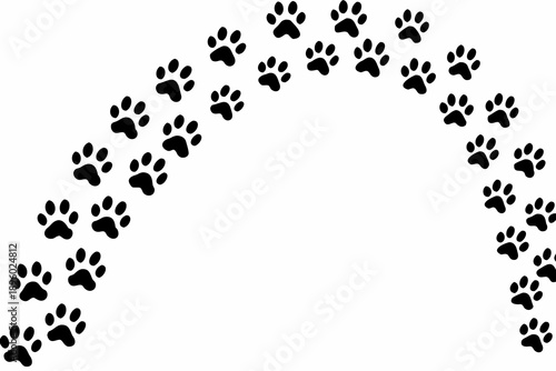 A curved trail of black paw prints against a white background