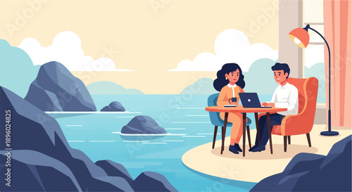 Two people enjoy a scenic seaside view while working on a laptop at a table