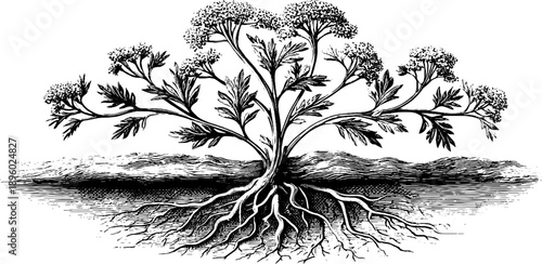 Valerian root anatomy vintage botanical illustration for herbal studies