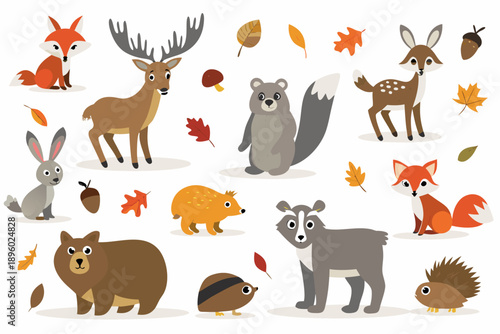 A colorful collection of forest animals and autumn leaves illustrated