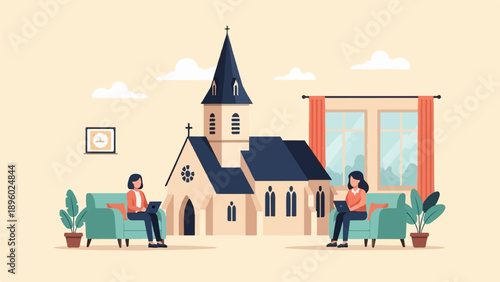 Two people on sofas work on laptops in front of a church with plants and windows