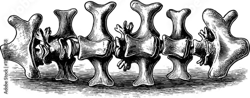 Vintage 19th century botanical engraving of vertebra bone fossil study