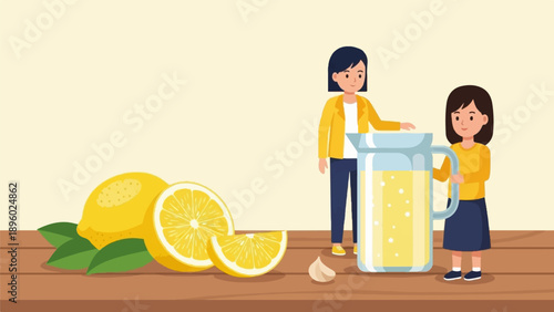 Two people make lemonade with fresh lemons and a pitcher