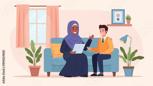 Two people, one in a hijab, conversing on a sofa in a cozy room