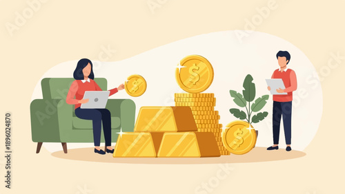 Two people manage wealth with gold bars and coins
