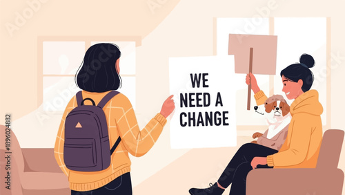 Two people, one with a backpack, another with a dog, hold protest signs