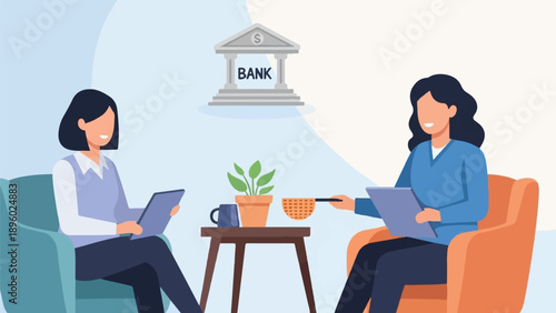 Two people meeting at a bank, with a plant and mug on a table