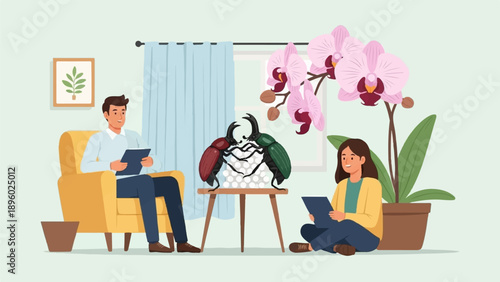 Two people observe beetles and orchids in a room