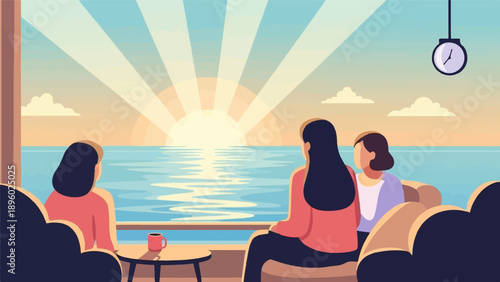 Two people on a balcony watch a bright sunrise over the calm sea