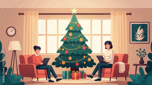 Two people enjoy Christmas with laptops in a cozy, decorated room