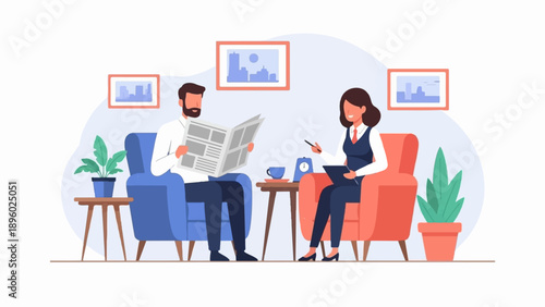 Two people relax in chairs, one reading a newspaper, the other taking notes