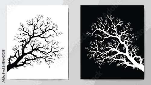 Bare tree branch illustration is presented in two panels with black on white and white on black high contrast views.