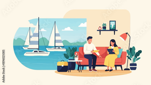 Two people on a couch discuss plans, while sailboats drift on the water