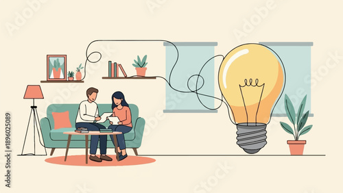 Two people on a couch discuss ideas, visualized by a giant light bulb