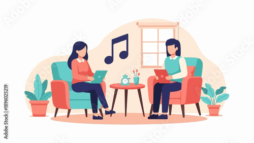 Two people relax in chairs with laptops and tablets, music notes above