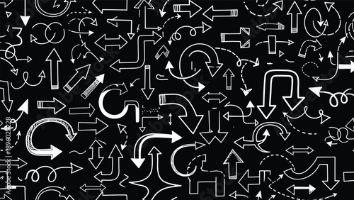 Seamless pattern featuring a wide variety of hand-drawn white arrows and doodles on a dark chalkboard background.