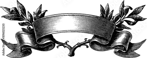 Vintage botanical emblem with ribbon tails for retro design