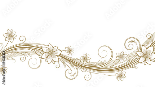 Elegant vintage floral border with swirling vines and blooming flowers in a muted gold color on a white background.