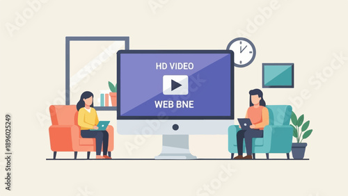 Two people relax on sofas watching HD video on a large computer screen