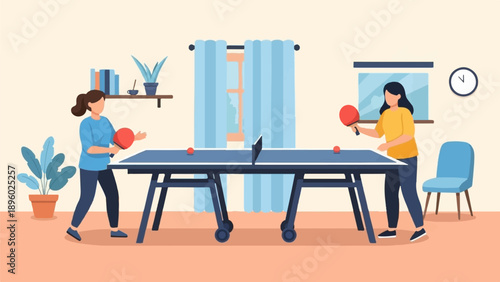 Two people playing ping pong indoors with a table, rackets, balls, and furniture
