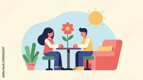 Two people sit at a table with a flower between them, under a sunny sky