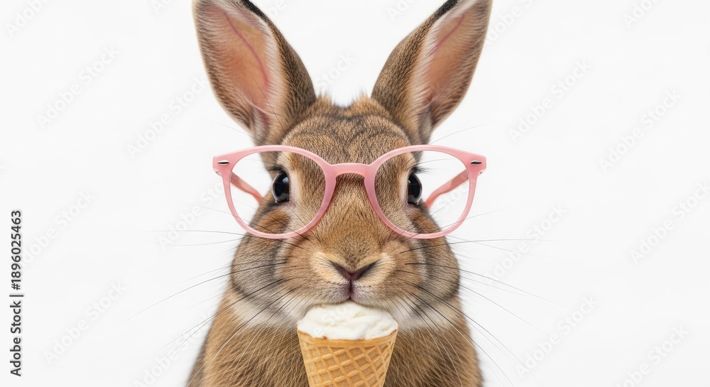 Obraz premium A rabbit wearing pink glasses and eating an ice cream cone