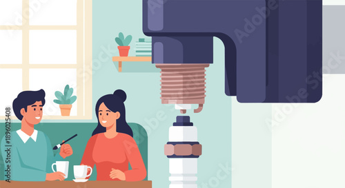 Two people sit at a table with mugs, near a large spark plug