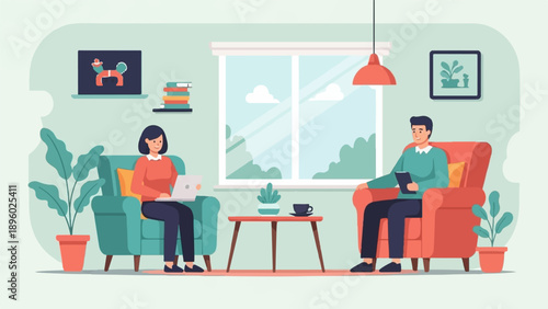 Two people relax in cozy armchairs in a sunlit room with plants and a window