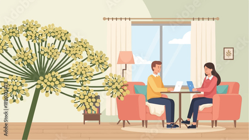 Two people sit at a table with laptops, with large yellow flowers in the foreground