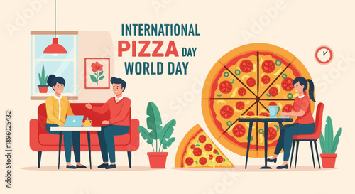 Two people enjoy pizza indoors near a window with a clock on the wall