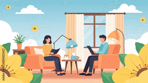 Two people reading and working on laptops in a cozy, sunlit room with flowers