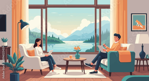 Two people relaxing and working on laptops in a cozy room with a lake view