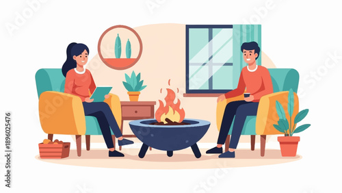 Two people relaxing by a warm fire indoors